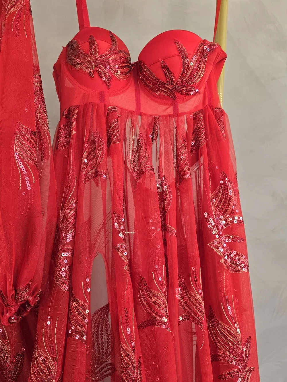 Red Floral Sheer Maxi Dress with Corset Bodice - Picture 4 of 13